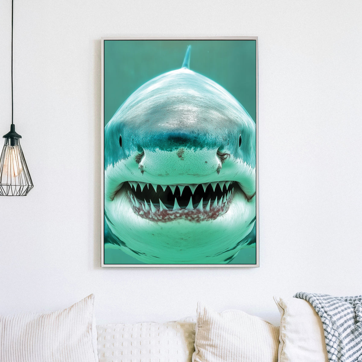 Close-up digital artwork of a great white shark with a menacing grin, highlighting its sharp teeth and deep blue ocean hues.