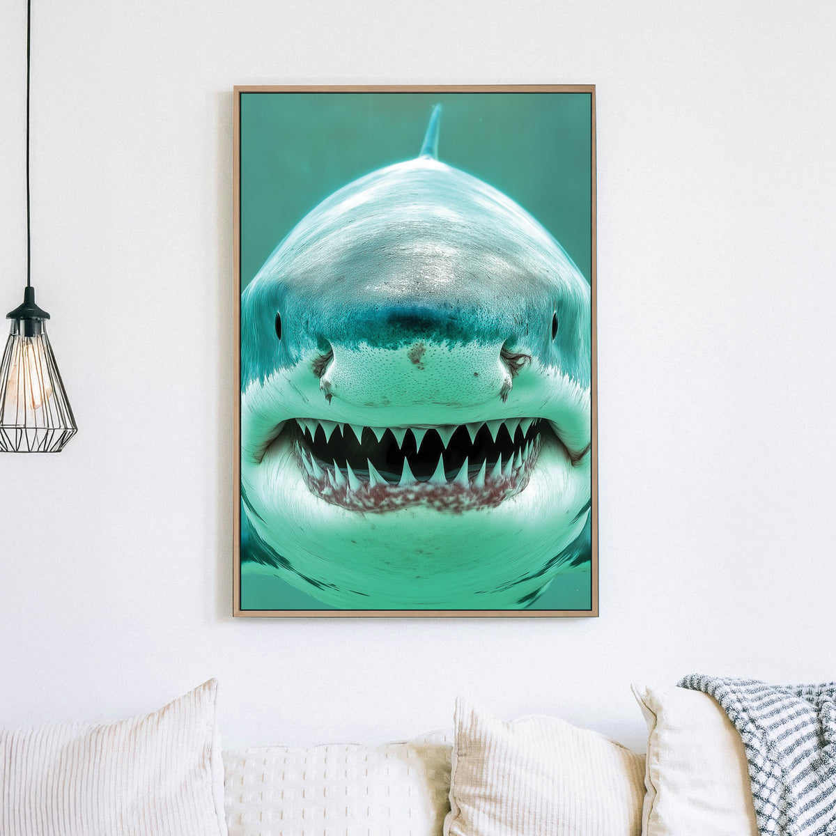 Close-up digital artwork of a great white shark with a menacing grin, highlighting its sharp teeth and deep blue ocean hues.