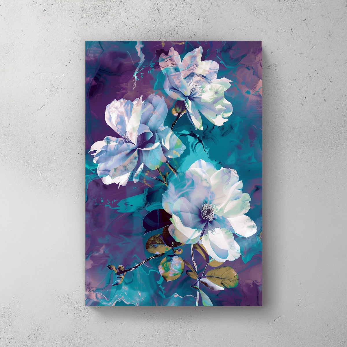 Abstract floral artwork featuring white and blue flowers against a swirling background of deep purples and teal blues.