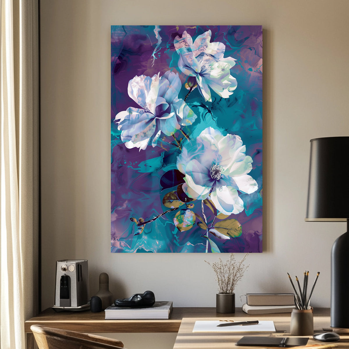 Abstract floral artwork featuring white and blue flowers against a swirling background of deep purples and teal blues.