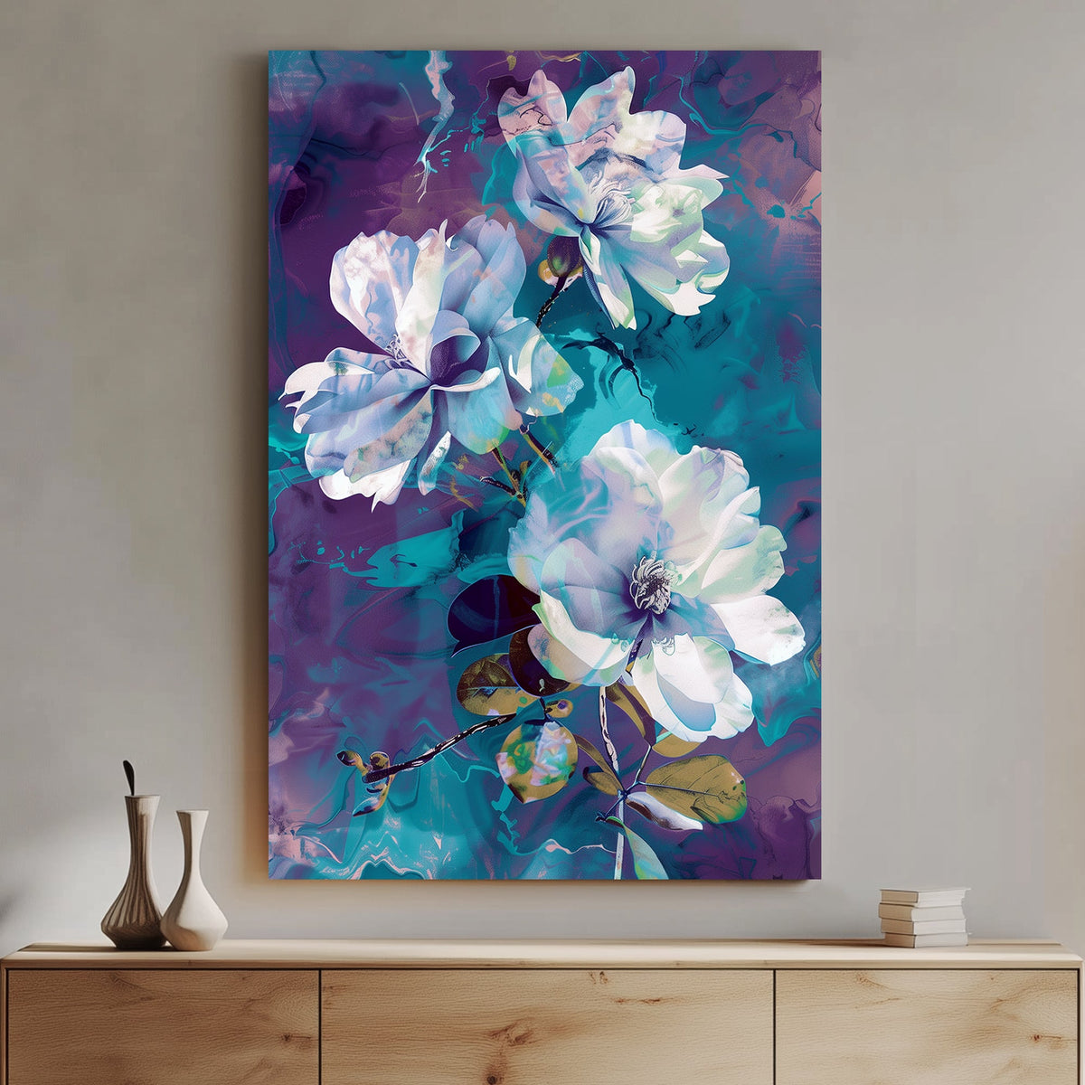Abstract floral artwork featuring white and blue flowers against a swirling background of deep purples and teal blues.