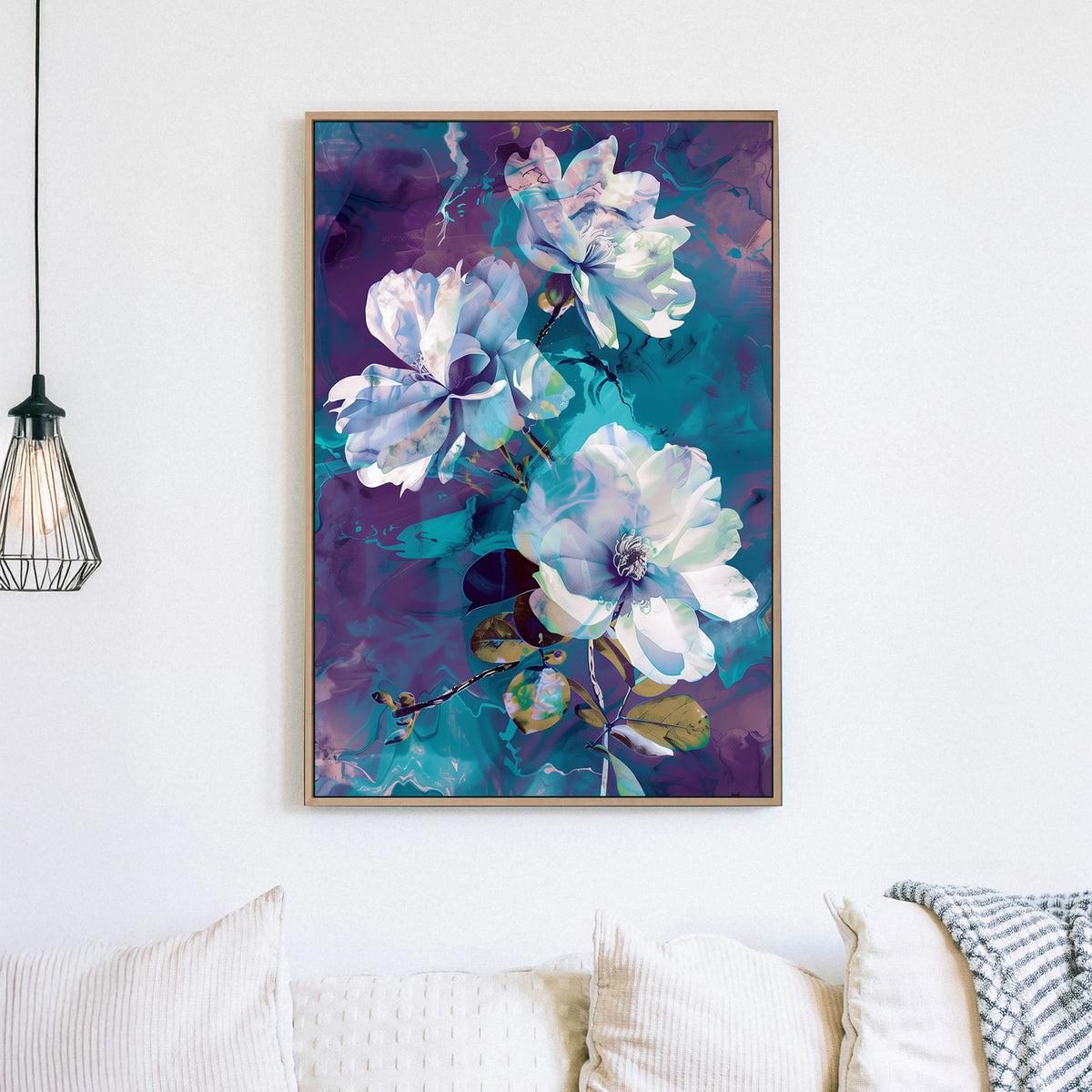 Abstract floral artwork featuring white and blue flowers against a swirling background of deep purples and teal blues.