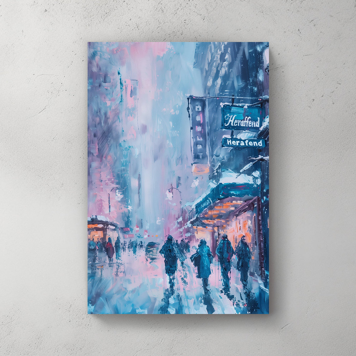 Impressionist wall art of people walking through a snowy city street with neon signs and glowing storefronts.