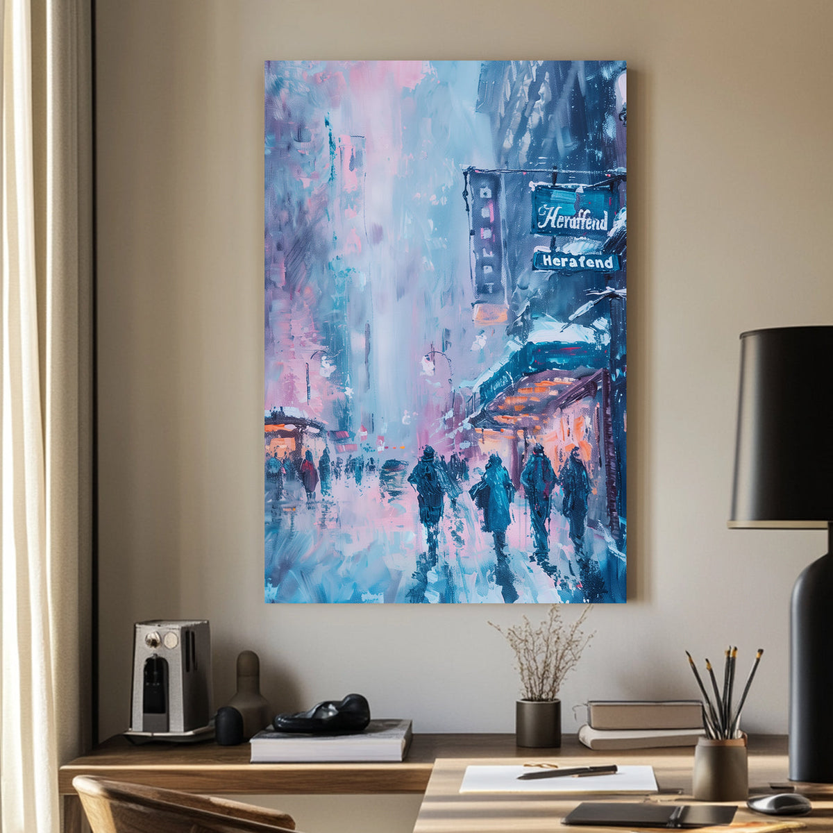 Impressionist wall art of people walking through a snowy city street with neon signs and glowing storefronts.