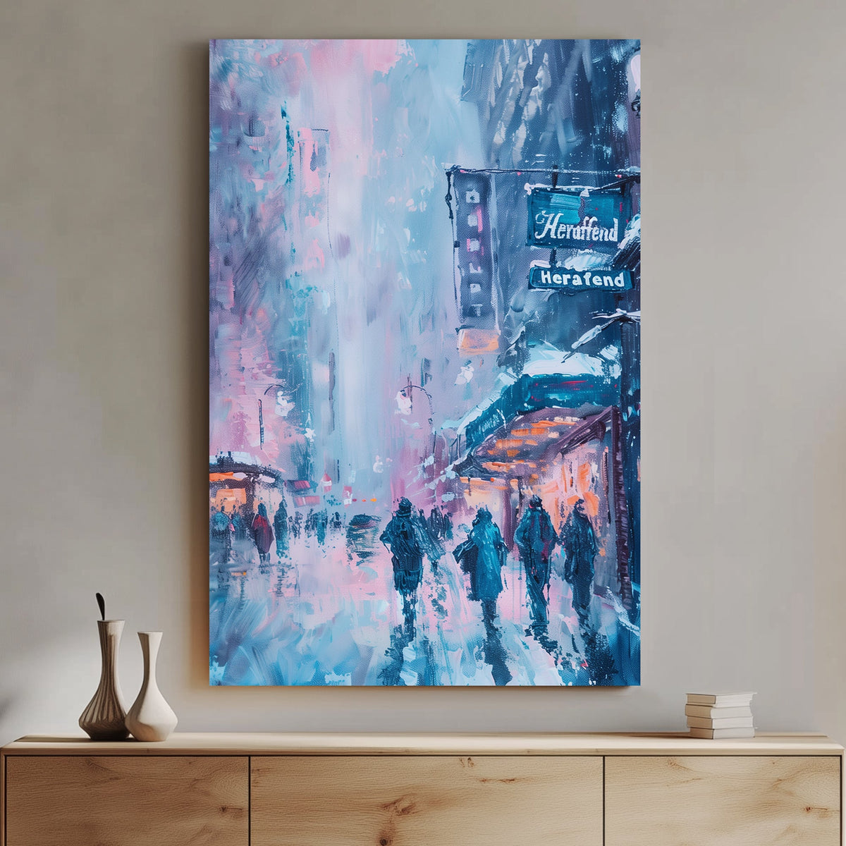 Impressionist wall art of people walking through a snowy city street with neon signs and glowing storefronts.