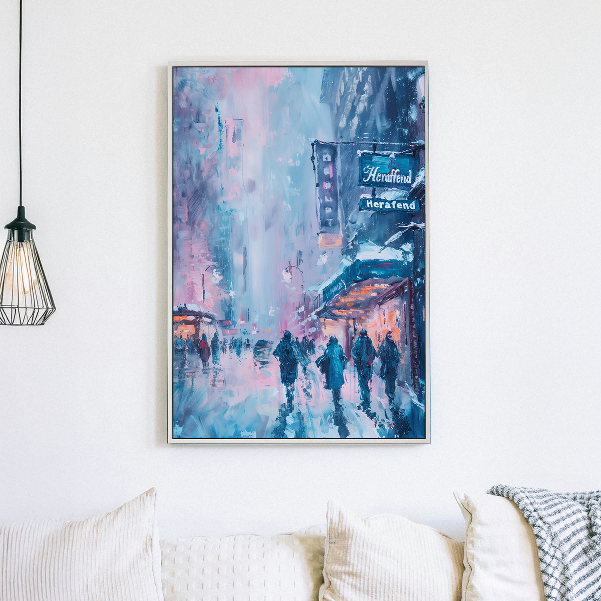 Impressionist wall art of people walking through a snowy city street with neon signs and glowing storefronts.