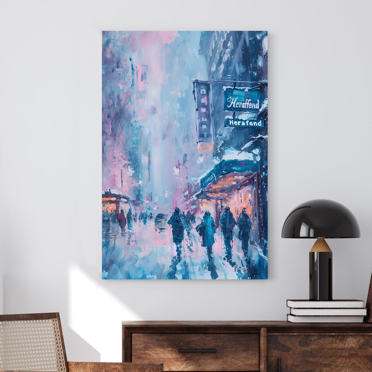 Impressionist wall art of people walking through a snowy city street with neon signs and glowing storefronts.
