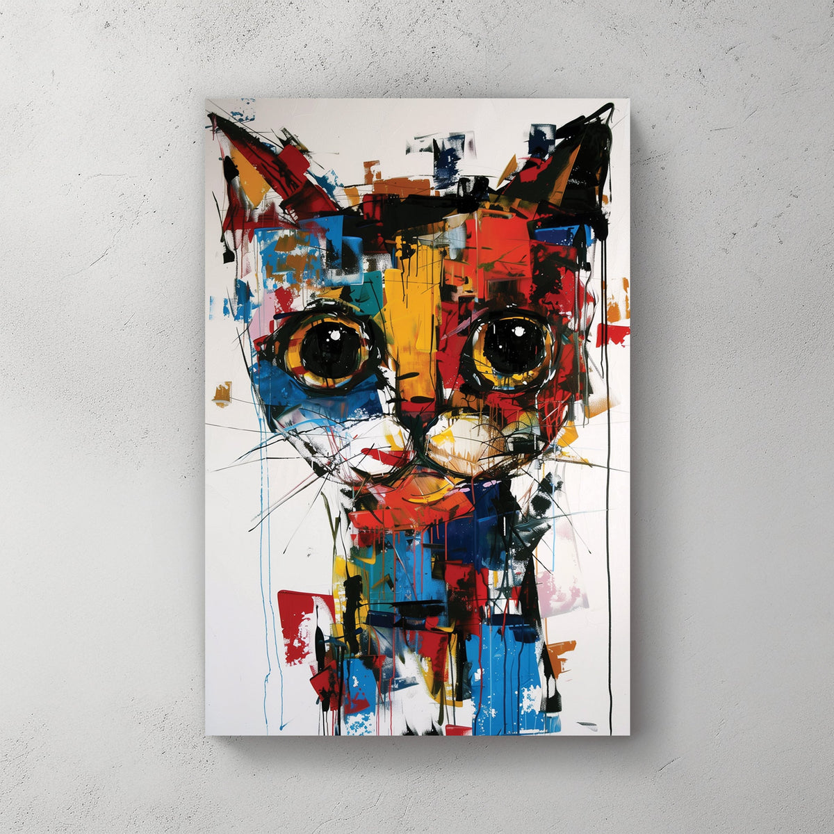 Abstract graffiti-style wall art of a cat with bold colours and expressive brushstrokes.