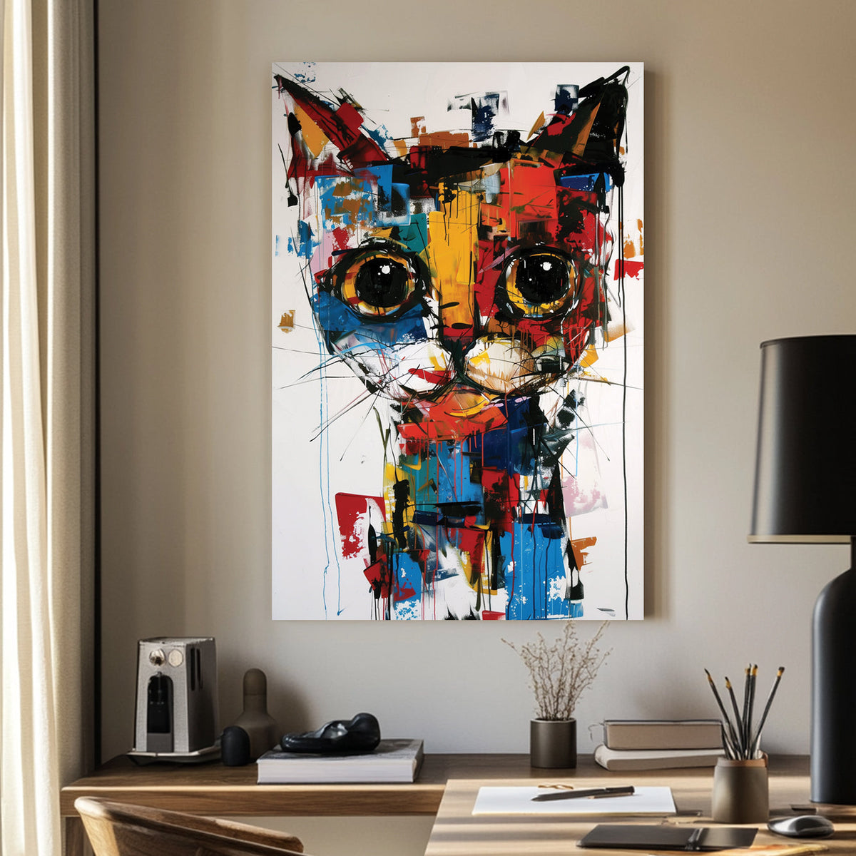 Abstract graffiti-style wall art of a cat with bold colours and expressive brushstrokes.