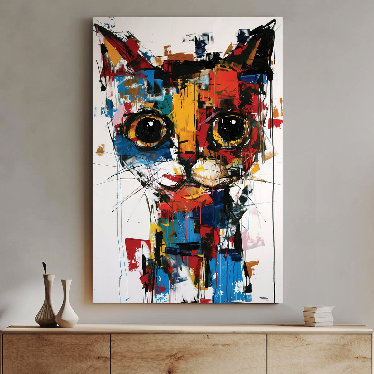 Abstract graffiti-style wall art of a cat with bold colours and expressive brushstrokes.