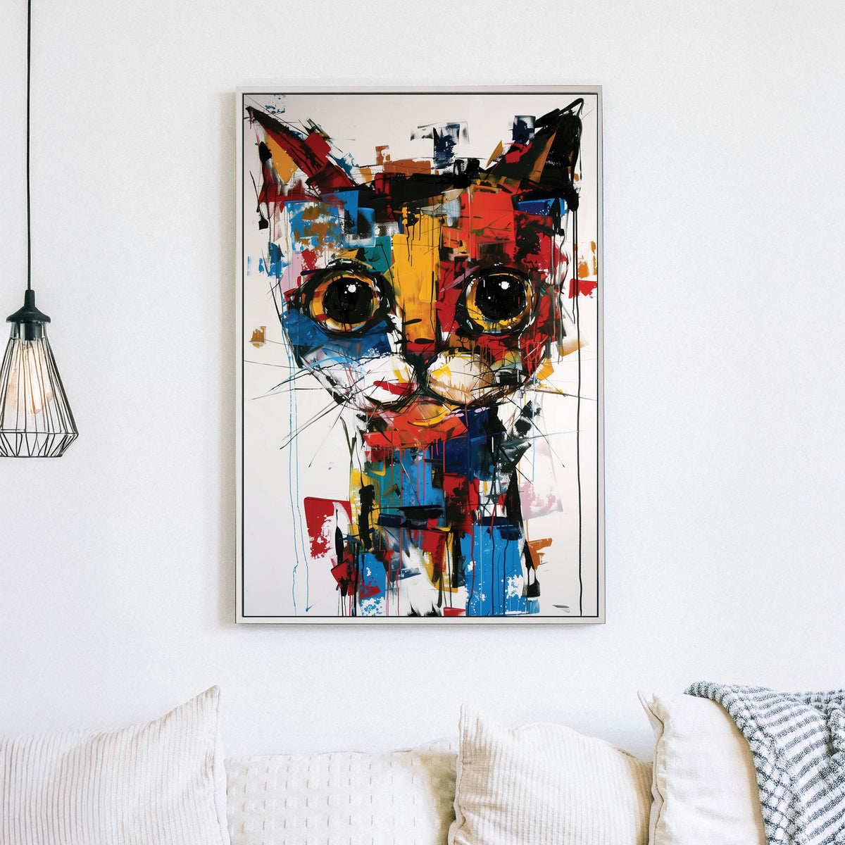 Abstract graffiti-style wall art of a cat with bold colours and expressive brushstrokes.
