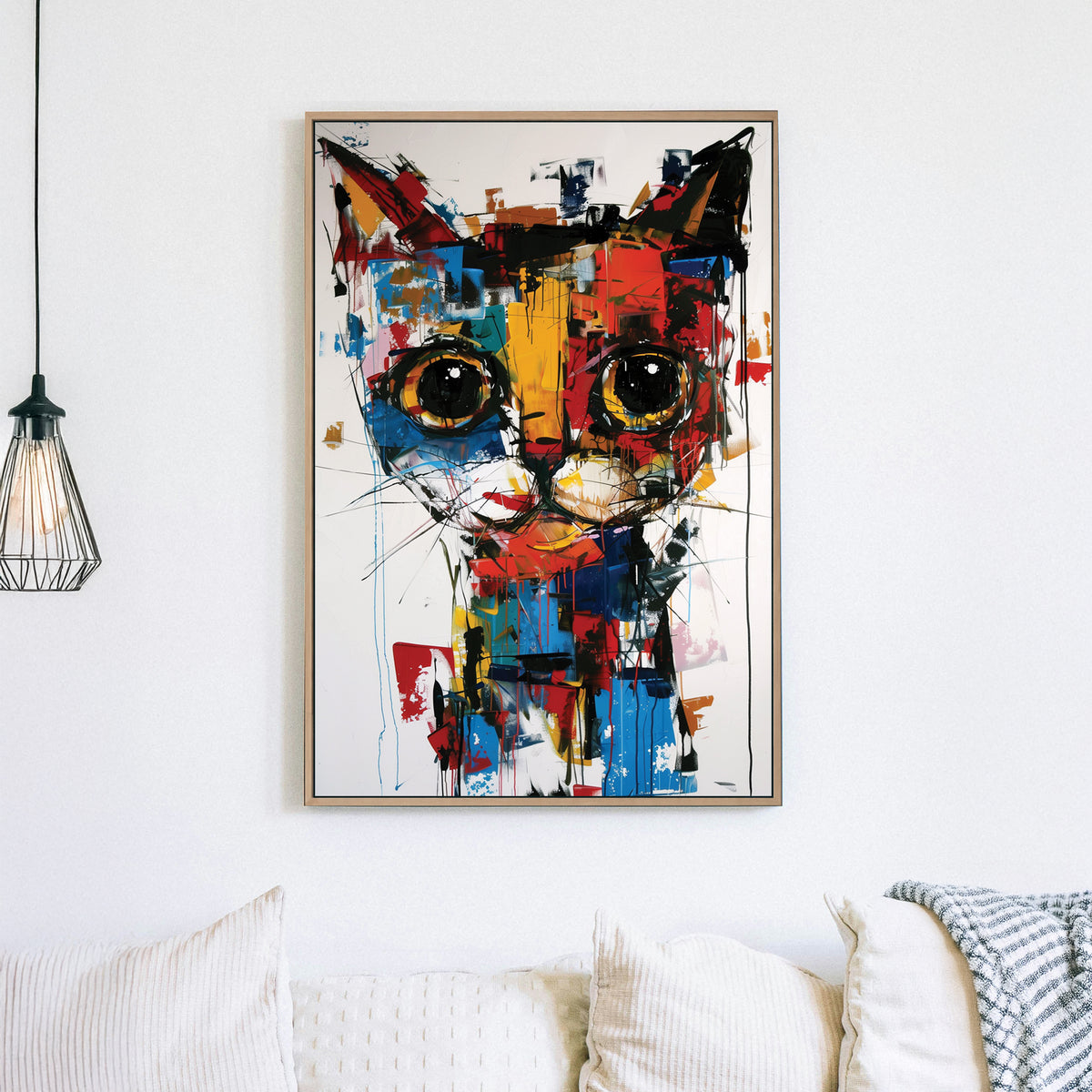 Abstract graffiti-style wall art of a cat with bold colours and expressive brushstrokes.