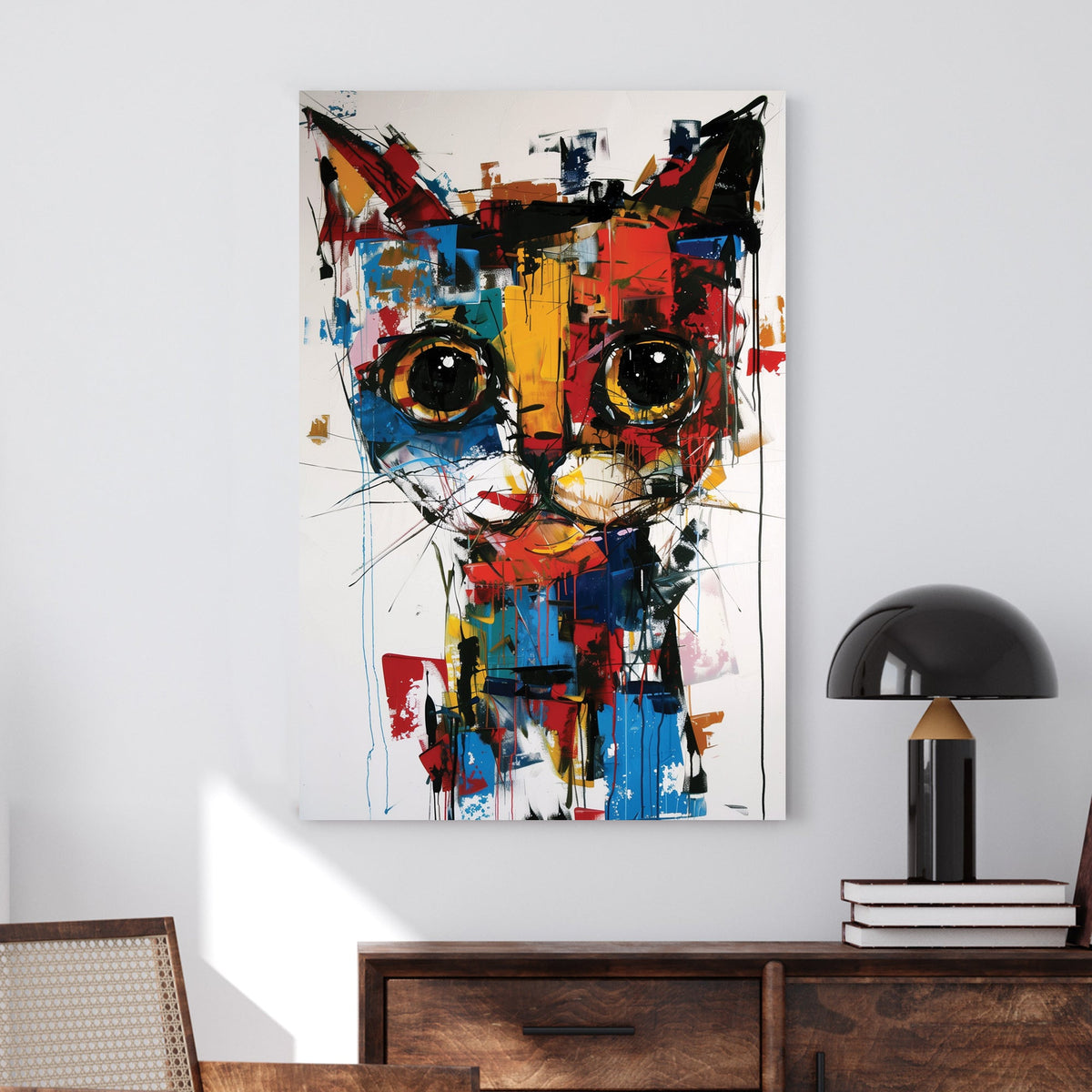 Abstract graffiti-style wall art of a cat with bold colours and expressive brushstrokes.