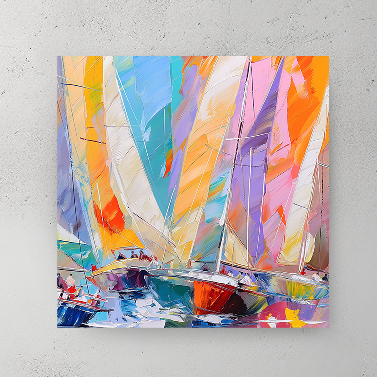 Abstract impressionist wall art of sailboats in a regatta with bold, vibrant colours and dynamic brushstrokes.