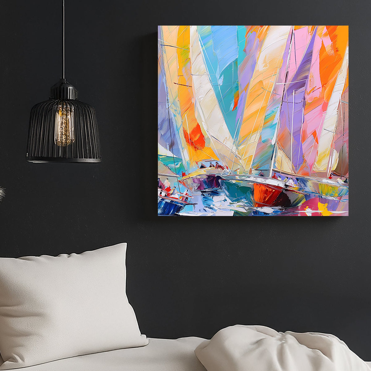 Abstract impressionist wall art of sailboats in a regatta with bold, vibrant colours and dynamic brushstrokes.