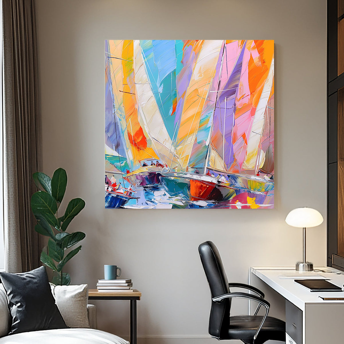 Abstract impressionist wall art of sailboats in a regatta with bold, vibrant colours and dynamic brushstrokes.