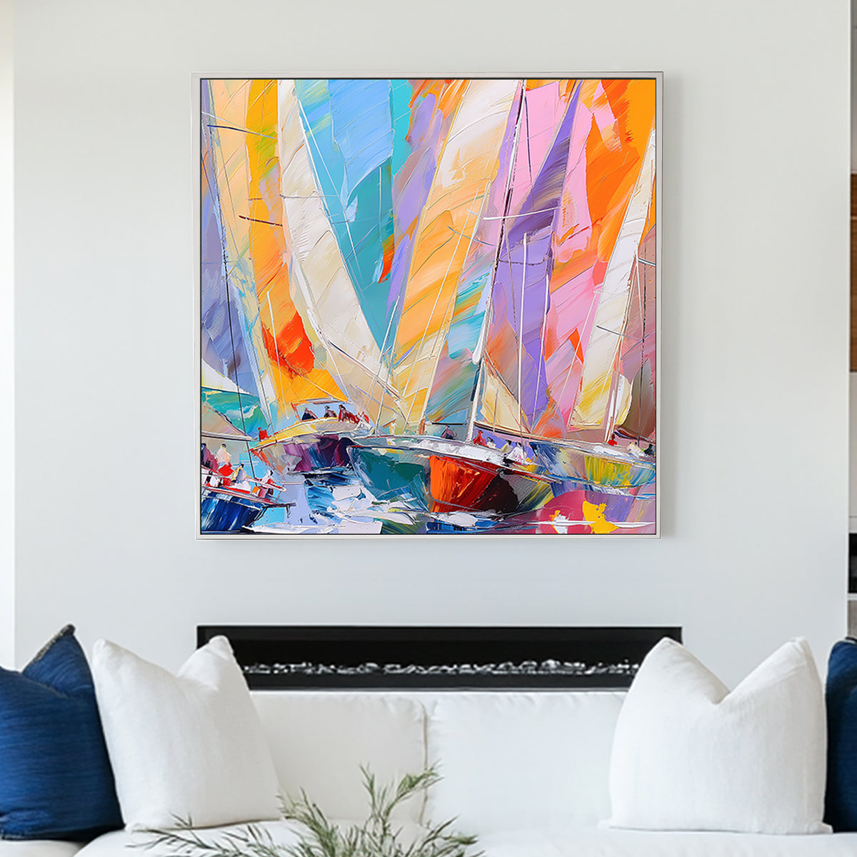 Abstract impressionist wall art of sailboats in a regatta with bold, vibrant colours and dynamic brushstrokes.