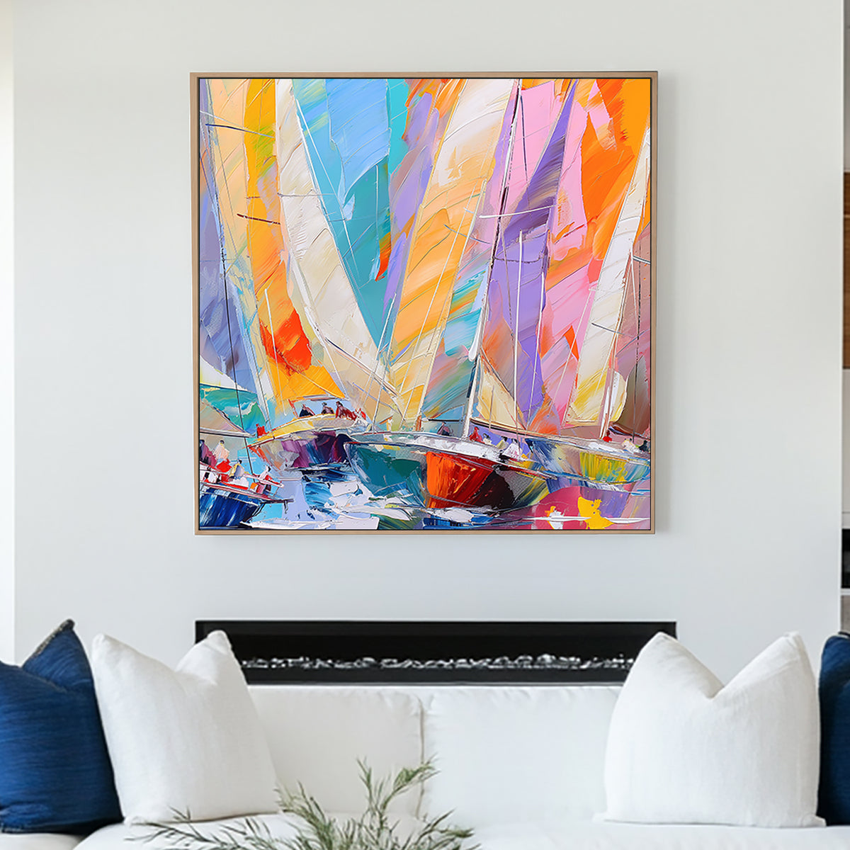 Abstract impressionist wall art of sailboats in a regatta with bold, vibrant colours and dynamic brushstrokes.