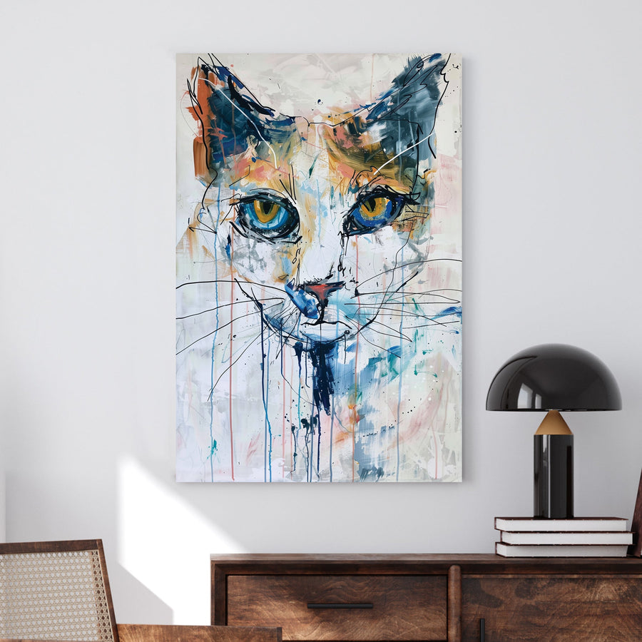 Abstract mixed-media cat portrait with piercing golden eyes, expressive drips, and bold brushstrokes in blue, tan, and orange.