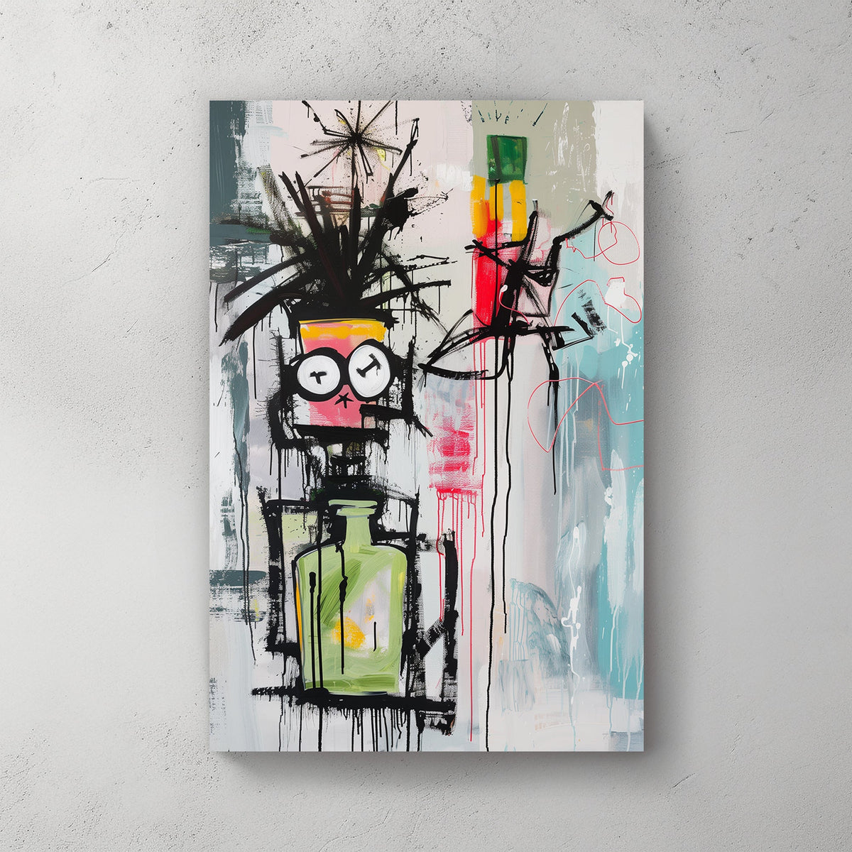Abstract graffiti-style wall art with a surreal character featuring clock eyes, a green potion bottle, and expressive splashes of colour.