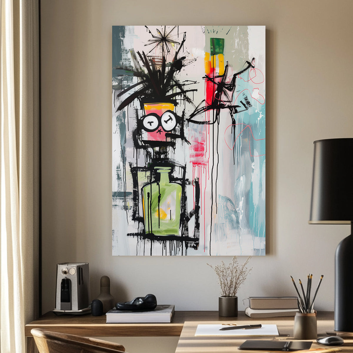 Abstract graffiti-style wall art with a surreal character featuring clock eyes, a green potion bottle, and expressive splashes of colour.