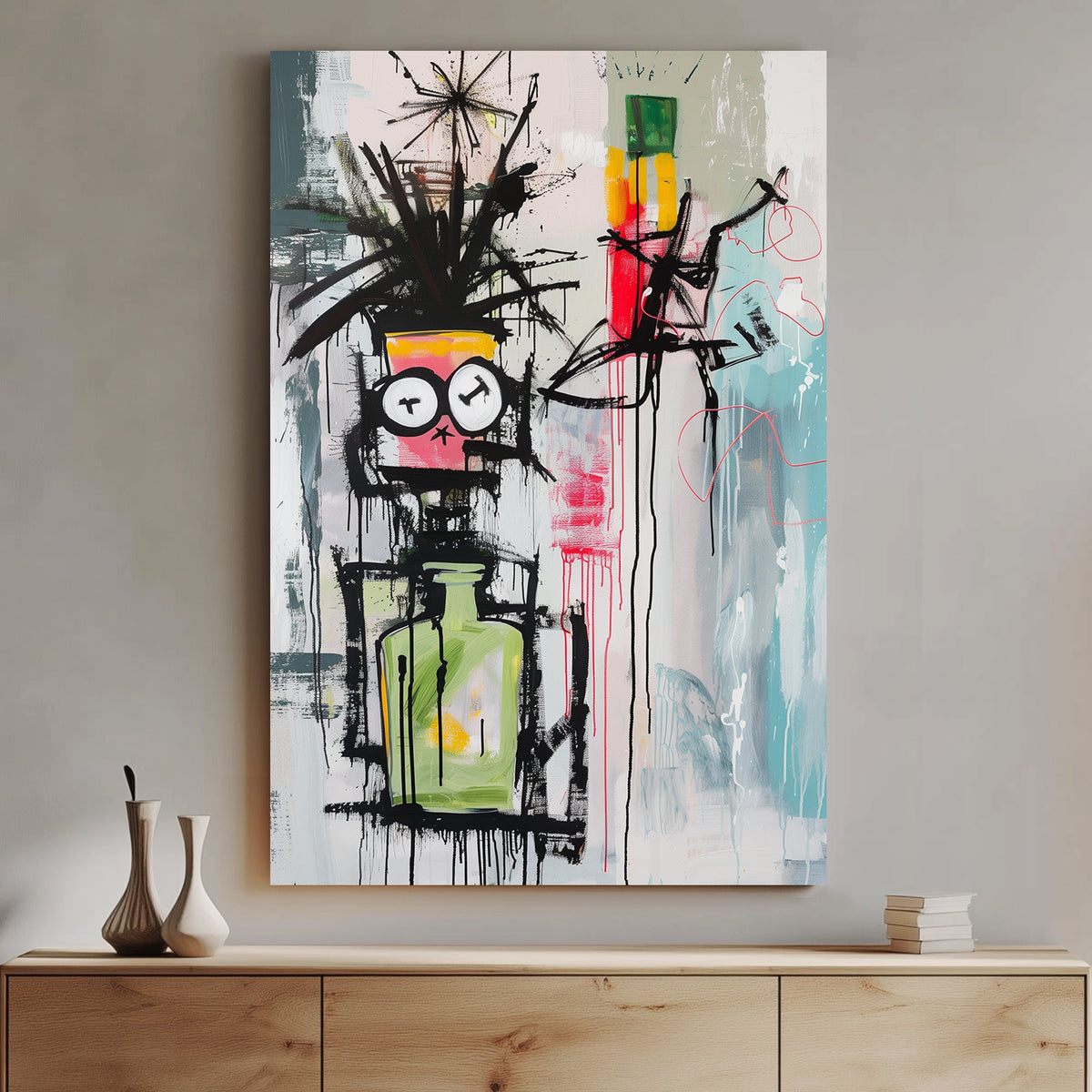 Abstract graffiti-style wall art with a surreal character featuring clock eyes, a green potion bottle, and expressive splashes of colour.