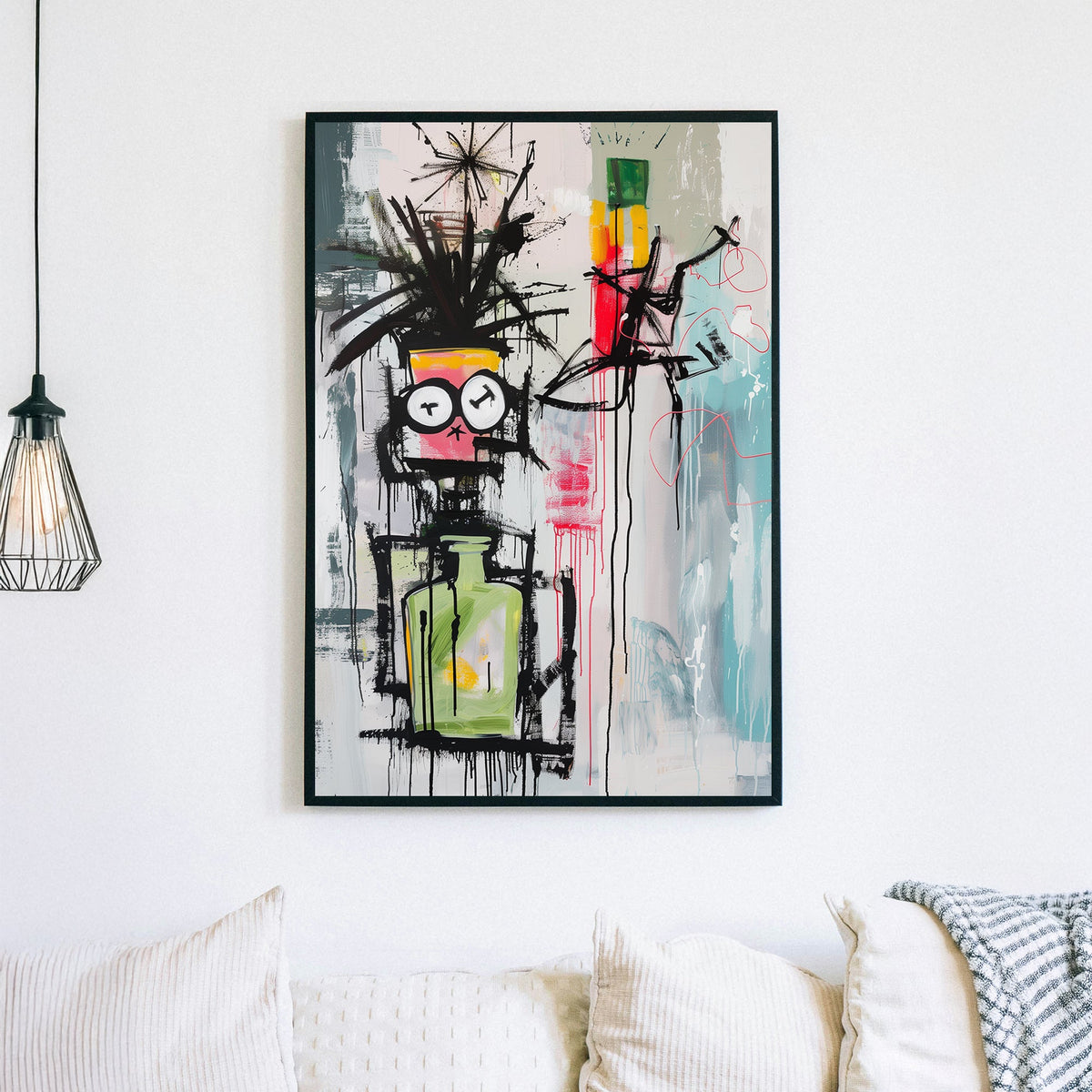 Abstract graffiti-style wall art with a surreal character featuring clock eyes, a green potion bottle, and expressive splashes of colour.