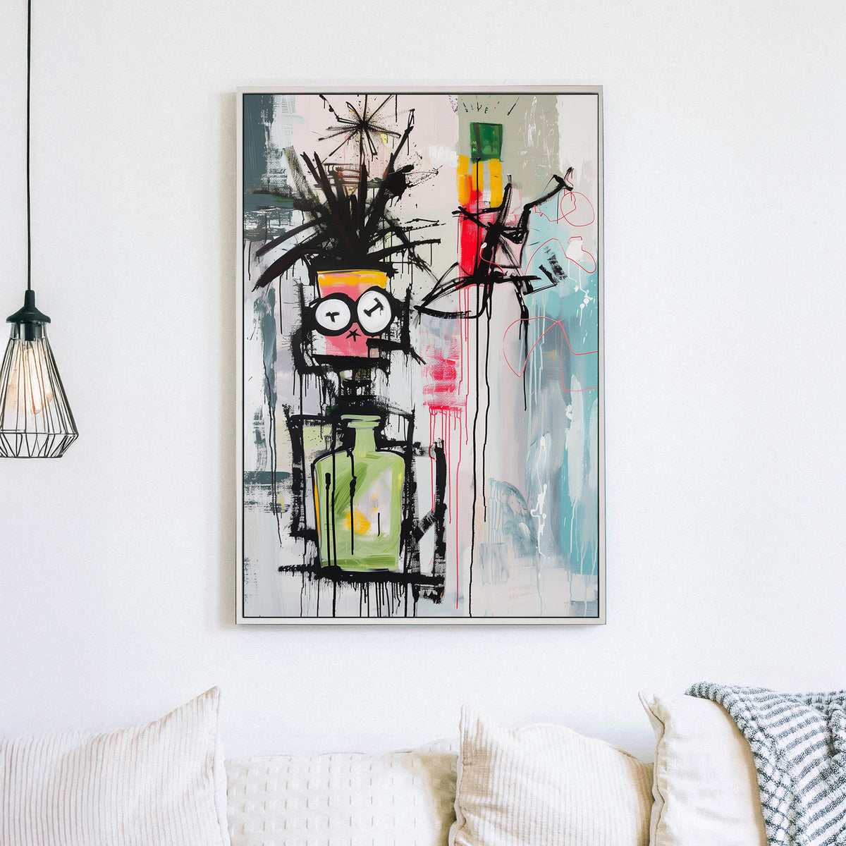 Abstract graffiti-style wall art with a surreal character featuring clock eyes, a green potion bottle, and expressive splashes of colour.