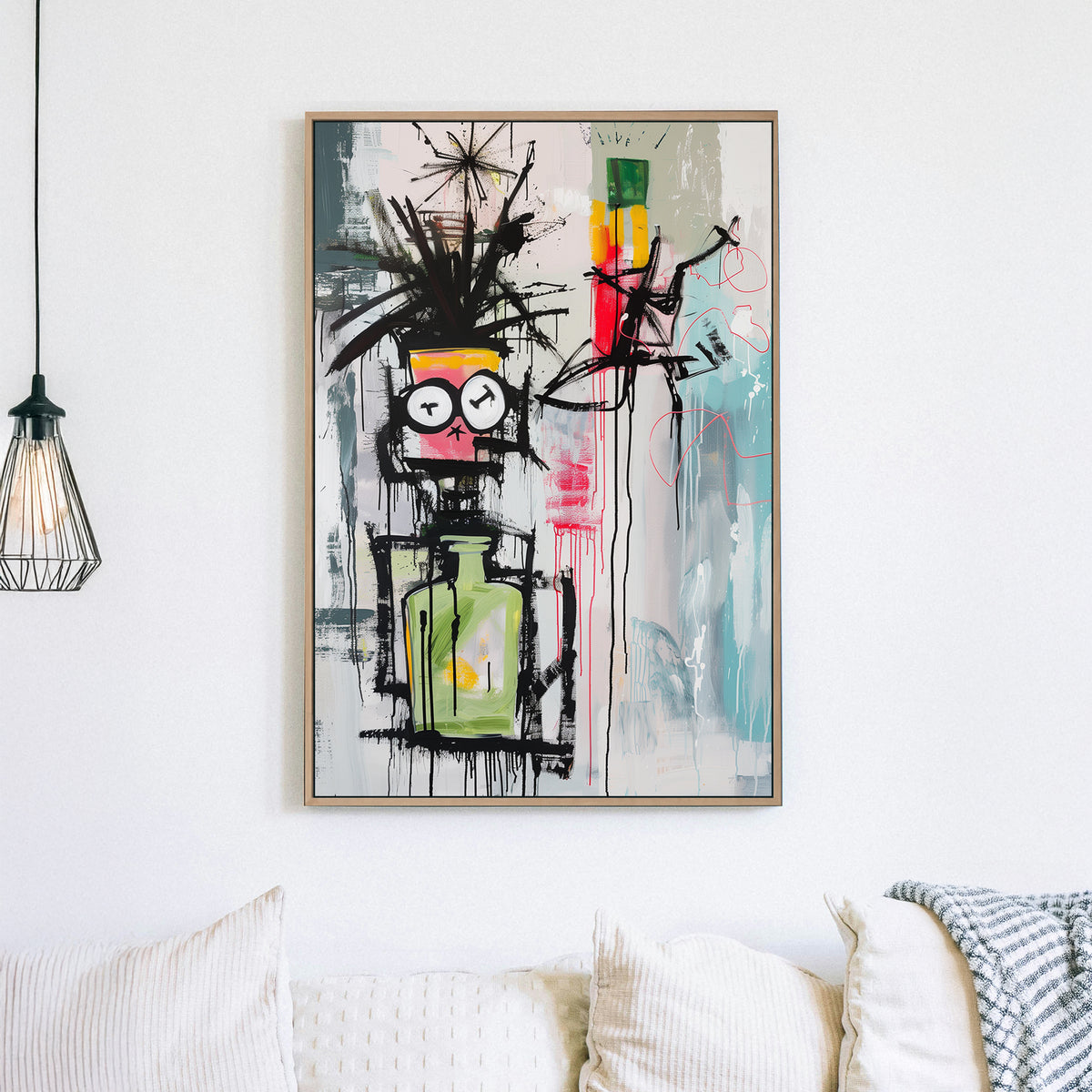 Abstract graffiti-style wall art with a surreal character featuring clock eyes, a green potion bottle, and expressive splashes of colour.