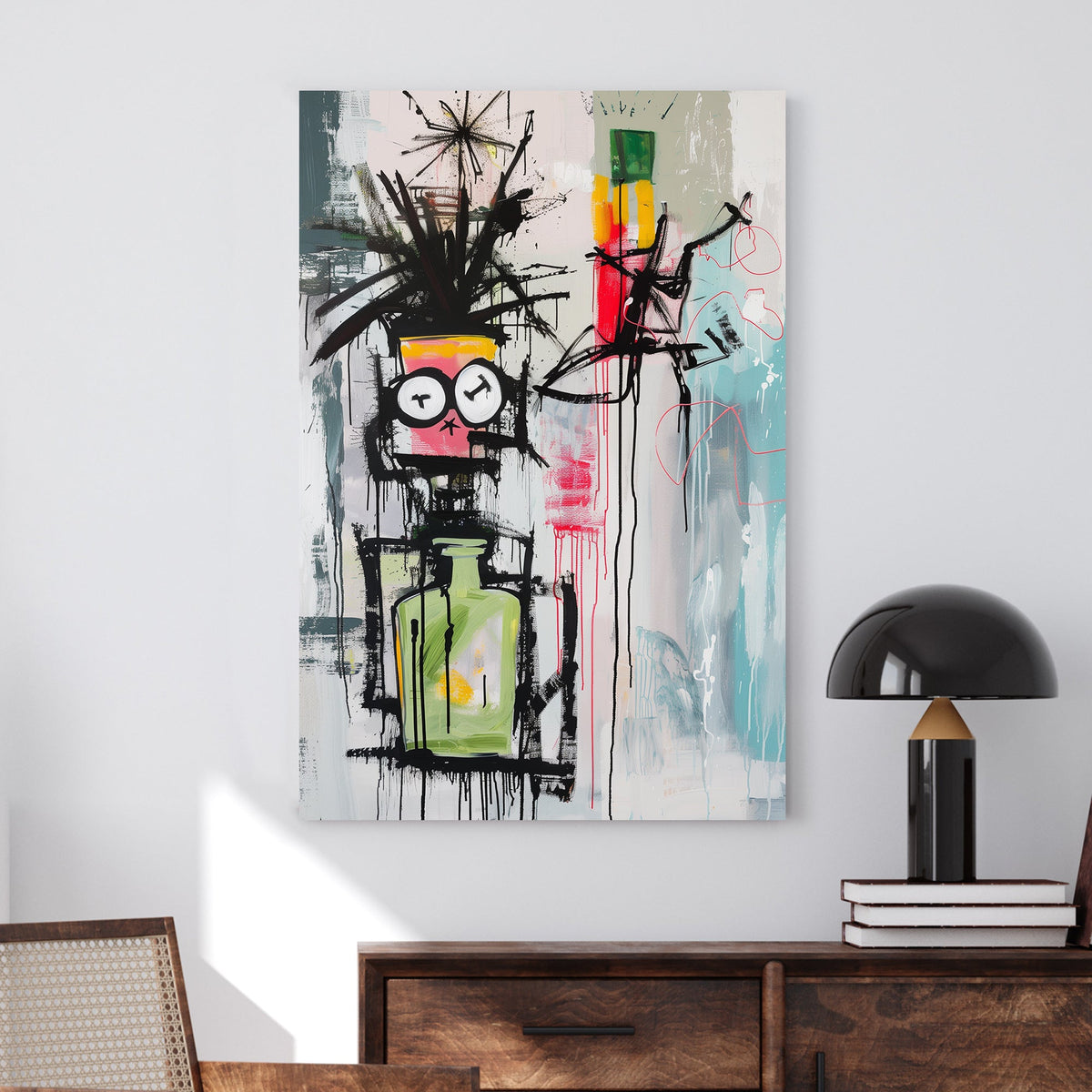 Abstract graffiti-style wall art with a surreal character featuring clock eyes, a green potion bottle, and expressive splashes of colour.