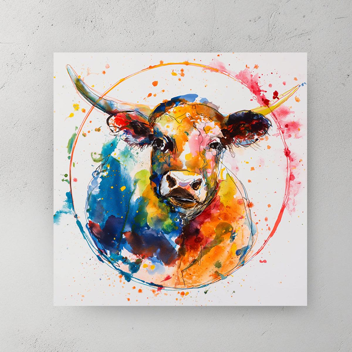 Colourful abstract watercolour wall art of a bull with splattered paint effects in blue, orange, red, and yellow.