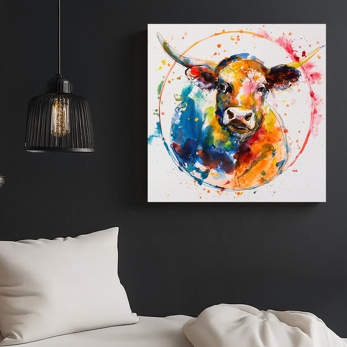 Colourful abstract watercolour wall art of a bull with splattered paint effects in blue, orange, red, and yellow.