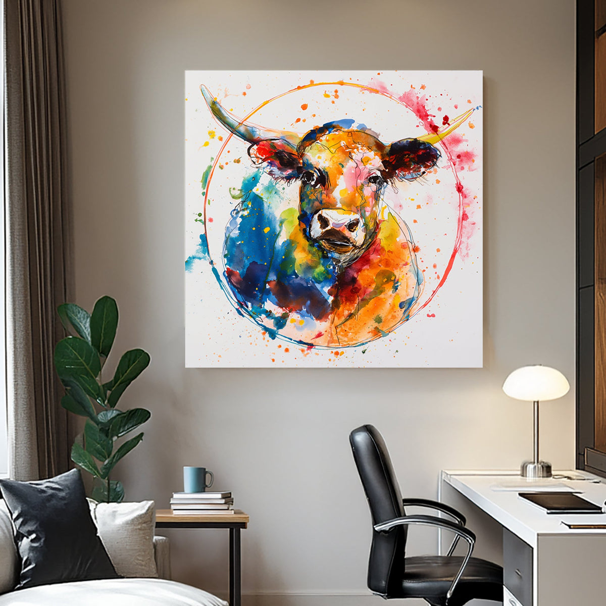 Colourful abstract watercolour wall art of a bull with splattered paint effects in blue, orange, red, and yellow.
