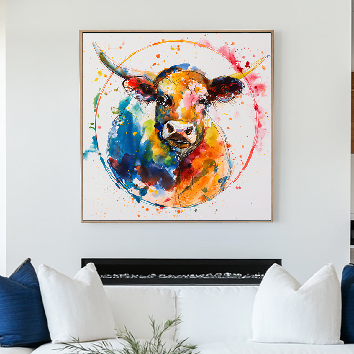 Colourful abstract watercolour wall art of a bull with splattered paint effects in blue, orange, red, and yellow.