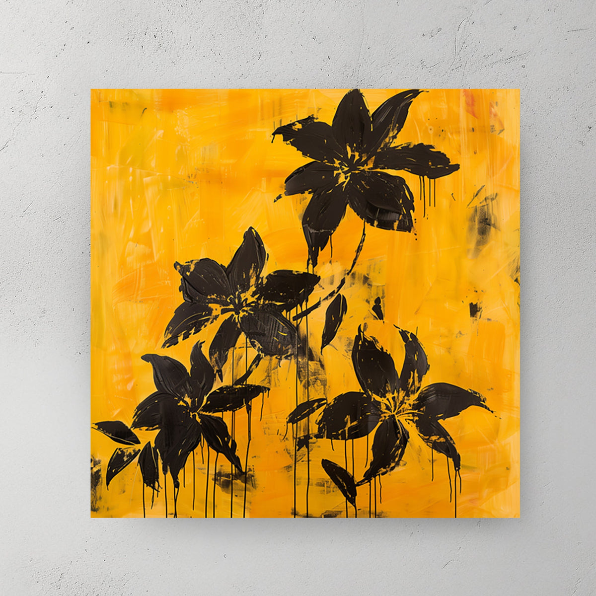 Abstract black floral wall art with dripping petals on a textured golden yellow background.