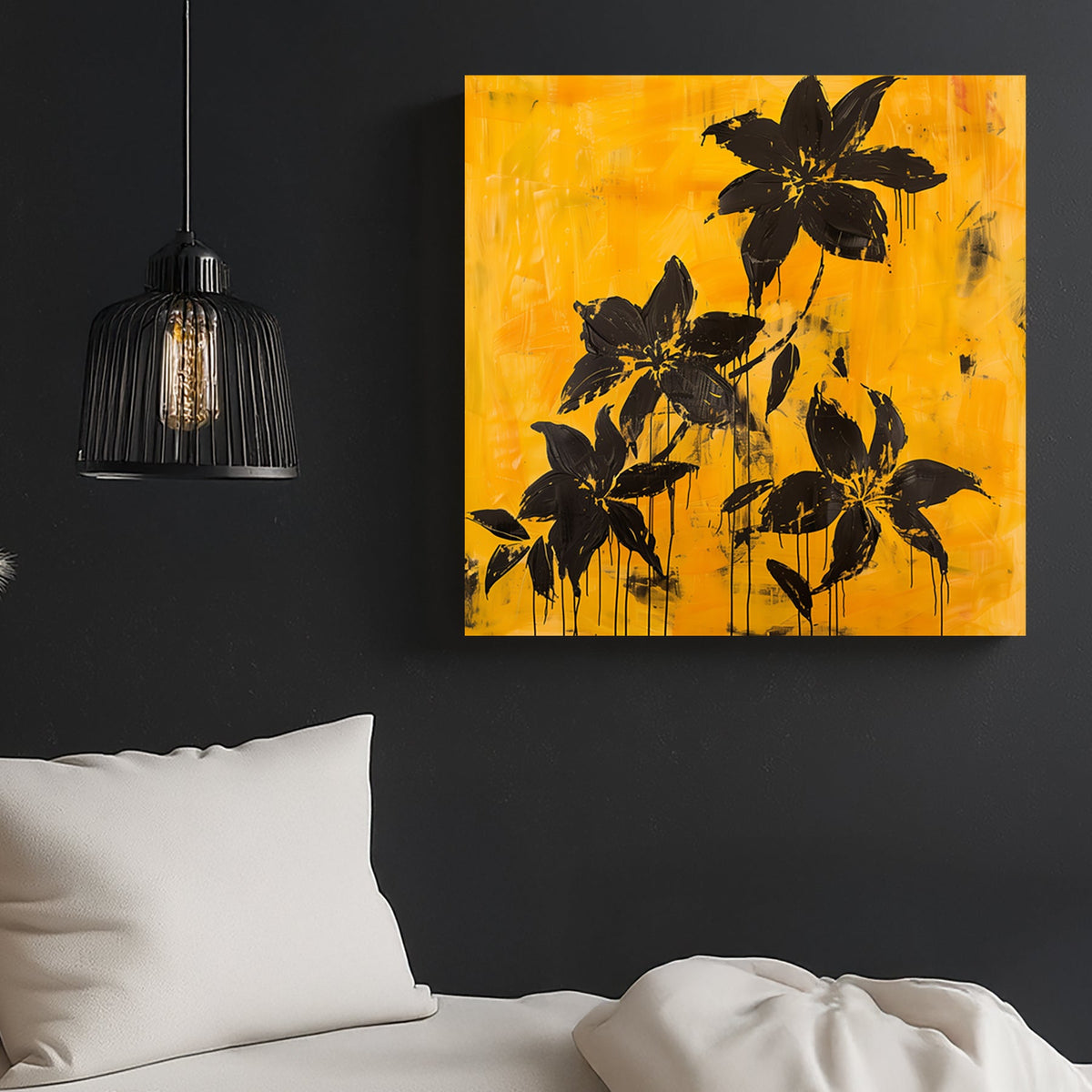 Abstract black floral wall art with dripping petals on a textured golden yellow background.