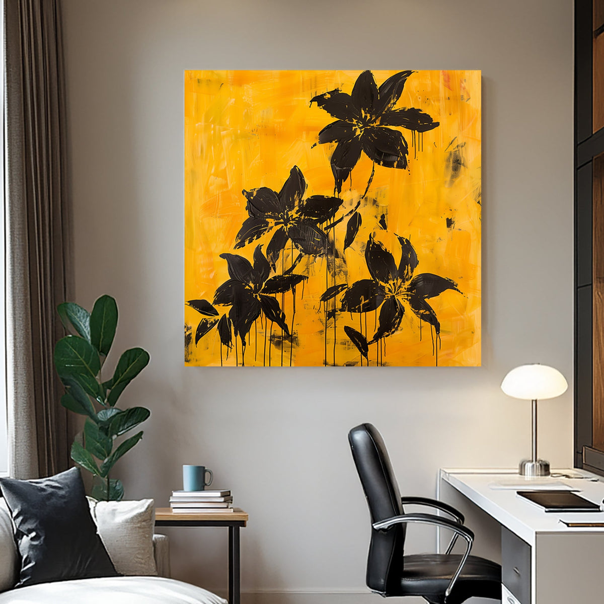 Abstract black floral wall art with dripping petals on a textured golden yellow background.