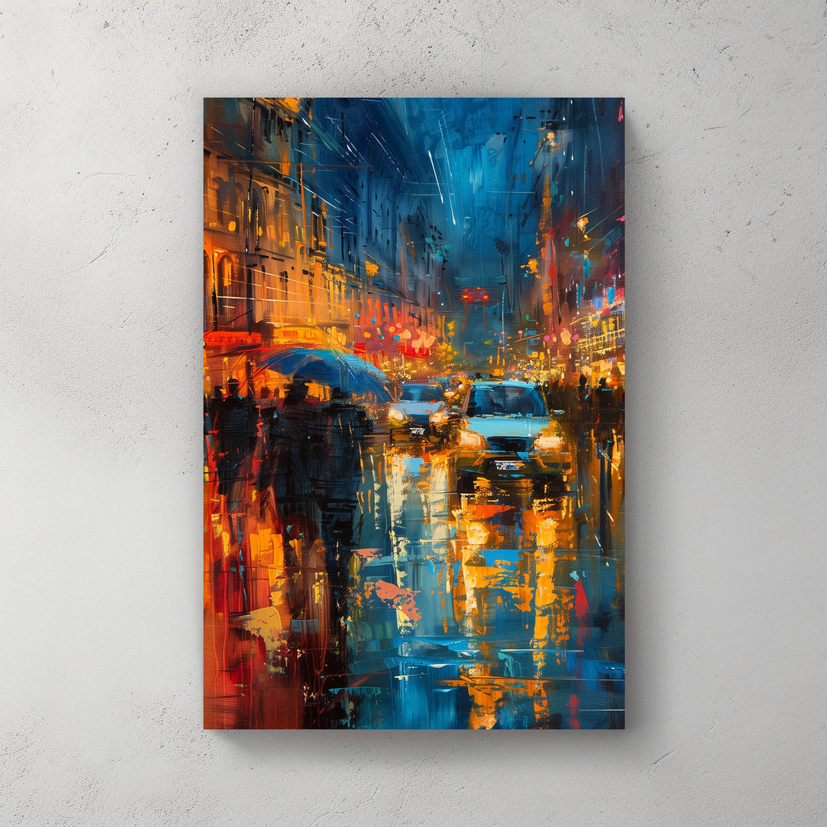 Abstract impressionist wall art of a rainy city night with neon lights reflecting off wet streets.