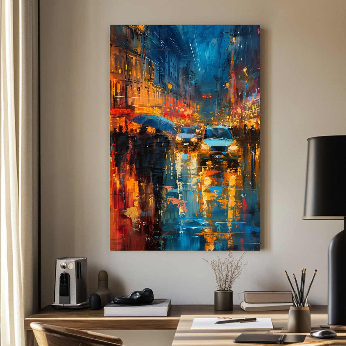 Abstract impressionist wall art of a rainy city night with neon lights reflecting off wet streets.