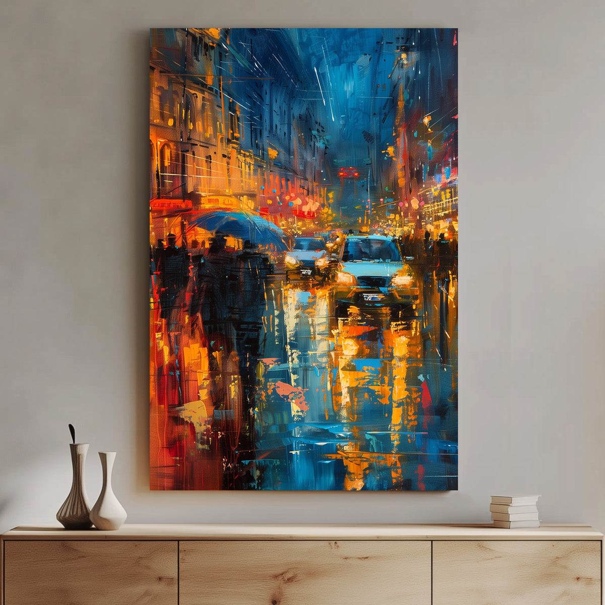 Abstract impressionist wall art of a rainy city night with neon lights reflecting off wet streets.