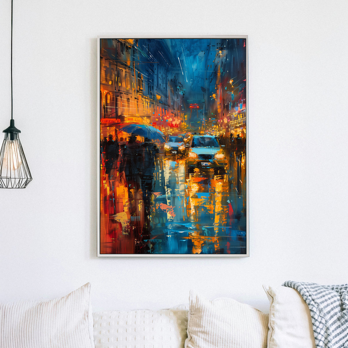 Abstract impressionist wall art of a rainy city night with neon lights reflecting off wet streets.