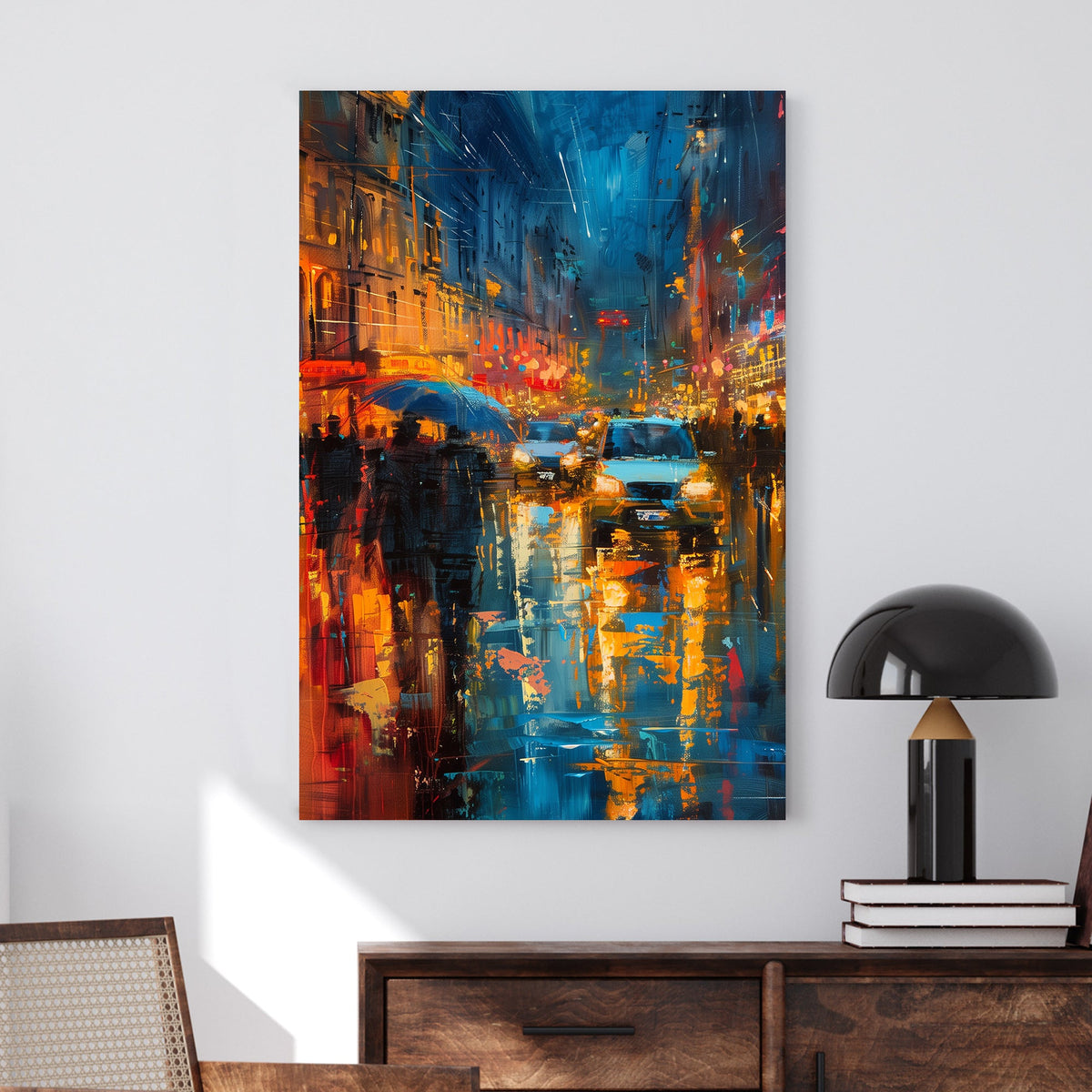 Abstract impressionist wall art of a rainy city night with neon lights reflecting off wet streets.