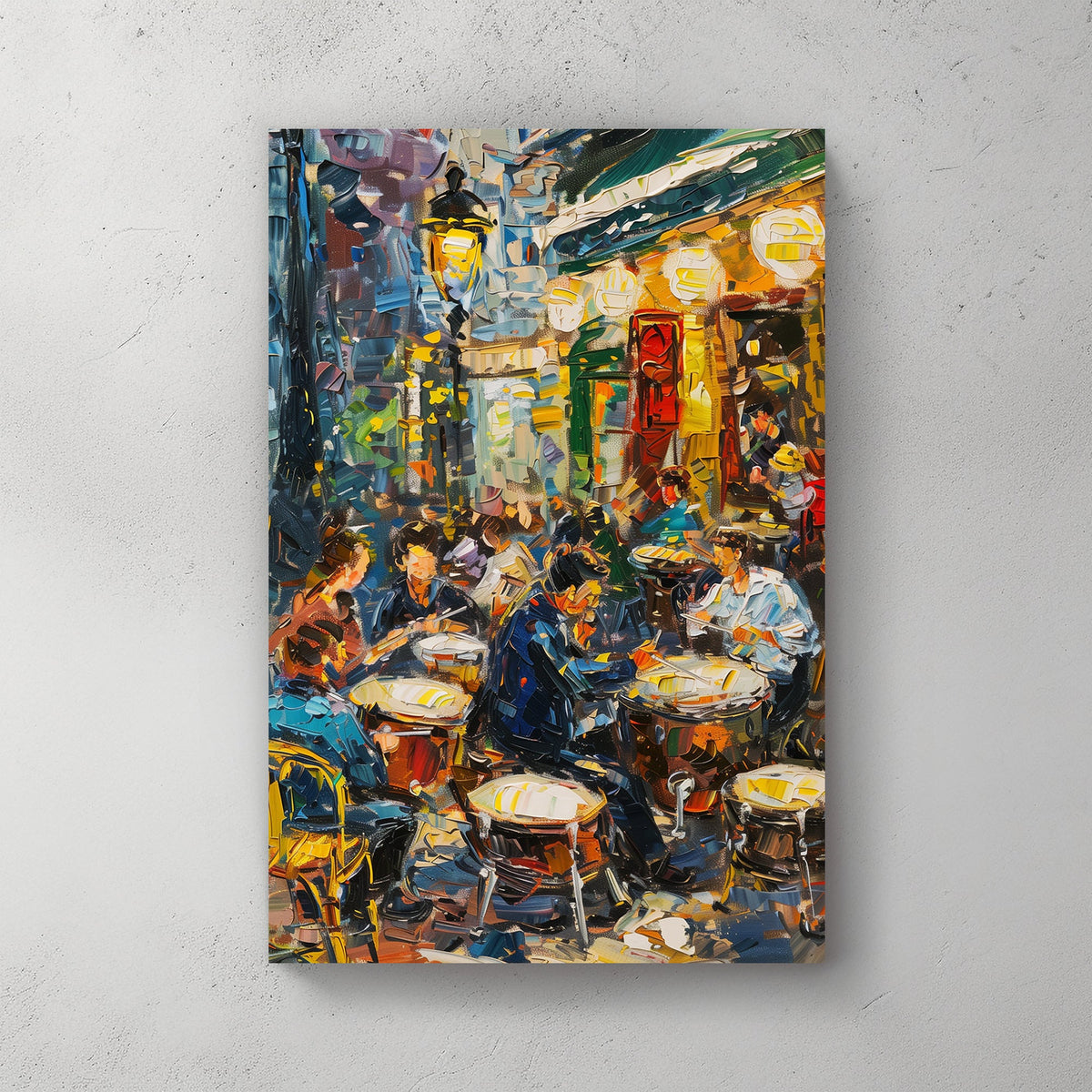 Impressionist wall art of a lively Parisian café scene at dusk, with people enjoying coffee under warm lights.