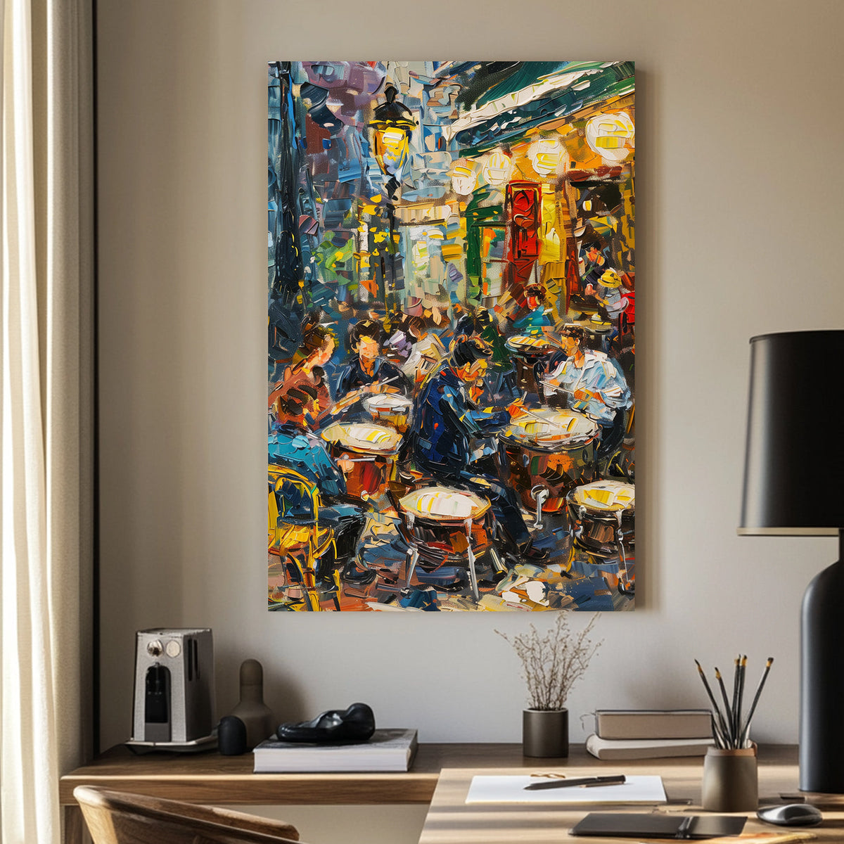 Impressionist wall art of a lively Parisian café scene at dusk, with people enjoying coffee under warm lights.