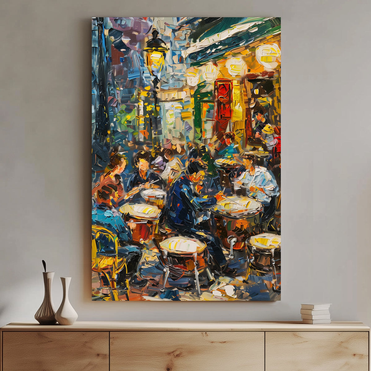 Impressionist wall art of a lively Parisian café scene at dusk, with people enjoying coffee under warm lights.