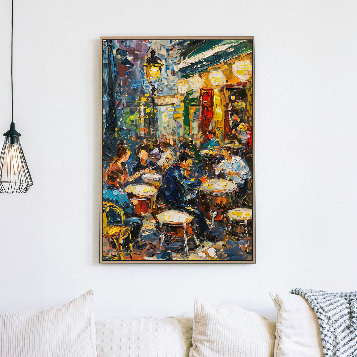 Impressionist wall art of a lively Parisian café scene at dusk, with people enjoying coffee under warm lights.