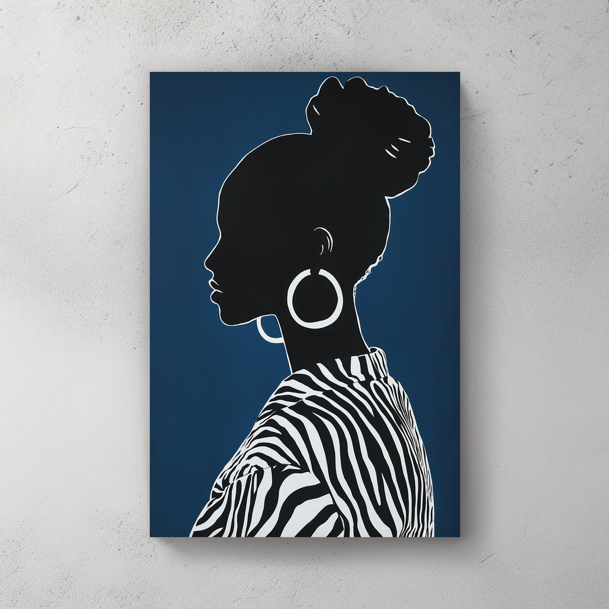Minimalist black and white silhouette of a woman with hoop earrings and zebra-print clothing on a deep navy background.