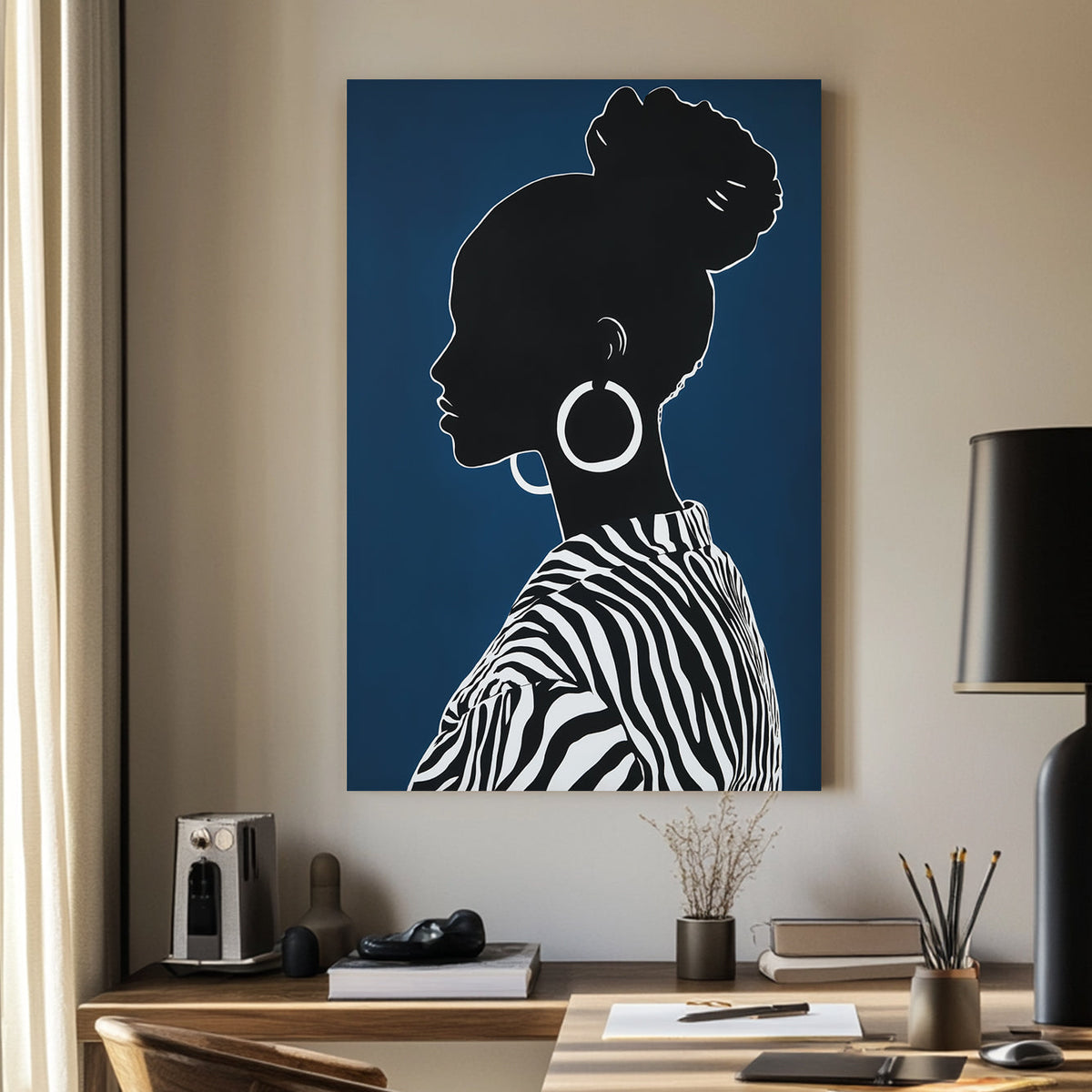 Minimalist black and white silhouette of a woman with hoop earrings and zebra-print clothing on a deep navy background.