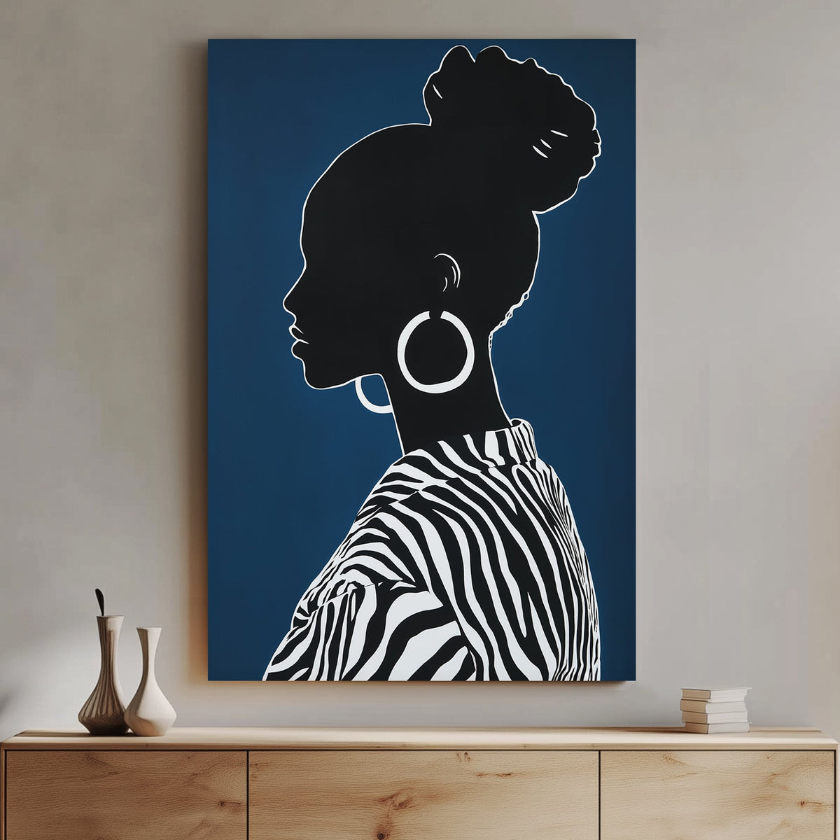 Minimalist black and white silhouette of a woman with hoop earrings and zebra-print clothing on a deep navy background.