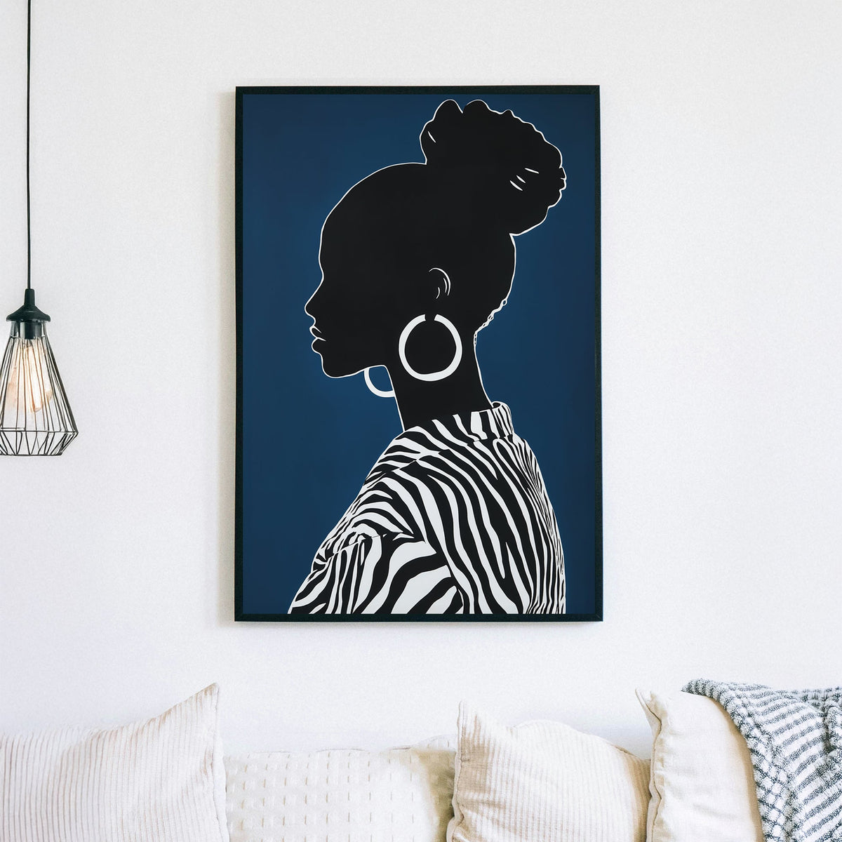 Minimalist black and white silhouette of a woman with hoop earrings and zebra-print clothing on a deep navy background.